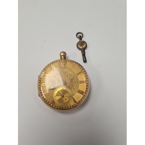 1046 - 18ct yellow gold pocket watch with decorative golden dial, Roman numerals, seconds dial and engraved... 