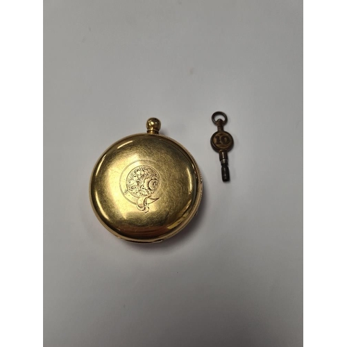 1046 - 18ct yellow gold pocket watch with decorative golden dial, Roman numerals, seconds dial and engraved... 