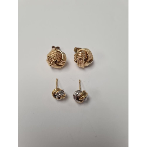 1060 - Two pairs 9ct knot design earrings, the largest approx 1cm diameter, both marked 375, approx 4.3g