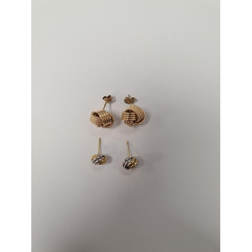 1060 - Two pairs 9ct knot design earrings, the largest approx 1cm diameter, both marked 375, approx 4.3g