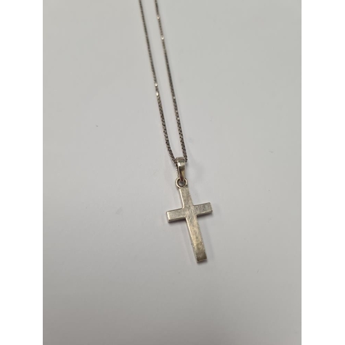 1076 - 9ct white gold box chain, approx 44cm, marked 375, hung with a 9ct white gold Cross pendant, approx ... 