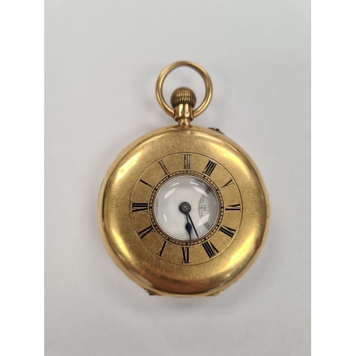 1139 - Antique 18ct gold Half Hunter Pocket watch, with white enameled dial, Roman Numerals, signed 'John B... 