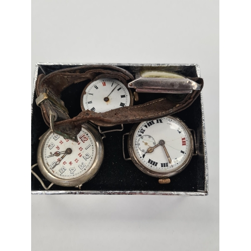 1137 - 3 silver cased enameled watch heads, on with outline number markers and red inner 24 hour markers, a... 