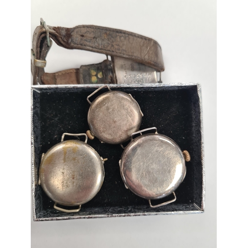 1137 - 3 silver cased enameled watch heads, on with outline number markers and red inner 24 hour markers, a... 