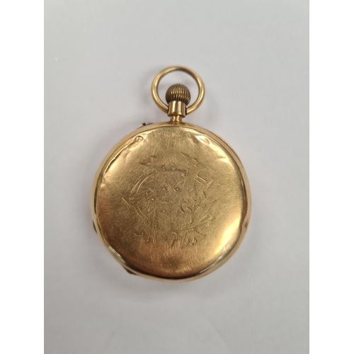 1139 - Antique 18ct gold Half Hunter Pocket watch, with white enameled dial, Roman Numerals, signed 'John B... 