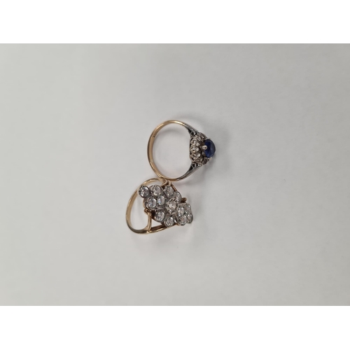 1159 - Pretty 9ct gold cluster ring, central blue sapphire surrounded clear stones, marked 9ct, size O, tog... 