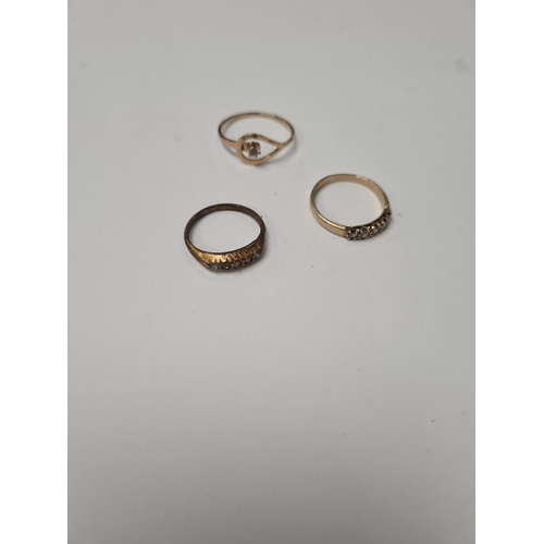 1006 - 9ct yellow gold band ring set with 5 round cut diamonds, size P, marked 375, 1.73g approx and 2 othe... 