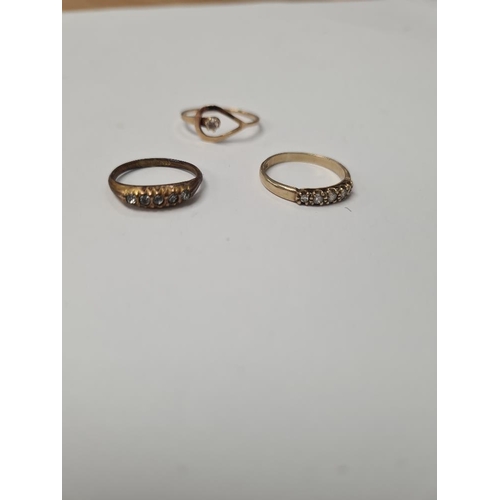 1006 - 9ct yellow gold band ring set with 5 round cut diamonds, size P, marked 375, 1.73g approx and 2 othe... 