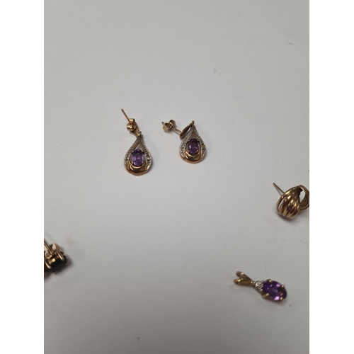 1016 - Two pairs of gem set earrings, one an amethyst set drop pair, with similar pendant, and a pair 9ct k... 