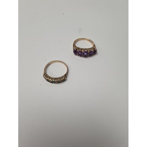 1033 - Two 9ct yellow gold rings, one set with amethyst and the other emeralds, size N & O, both marked 375... 