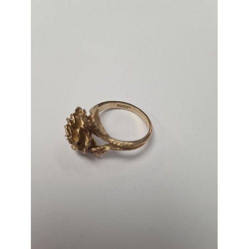 1054 - Pretty 9ct gold cocktail ring with raised rose head, marked 375, maker SJ, approx 6.4g