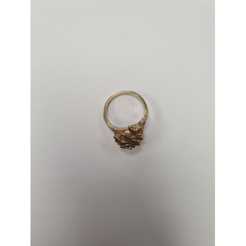 1054 - Pretty 9ct gold cocktail ring with raised rose head, marked 375, maker SJ, approx 6.4g