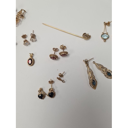 1071 - Quantity of 9ct yellow gem set earrings and pendants, to include a Victorian stick pin with crescent... 