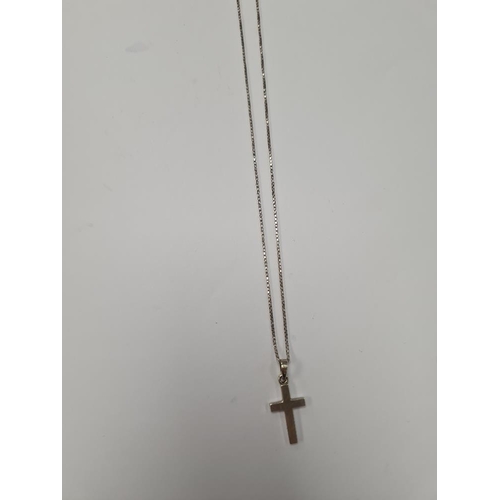 1076 - 9ct white gold box chain, approx 44cm, marked 375, hung with a 9ct white gold Cross pendant, approx ... 