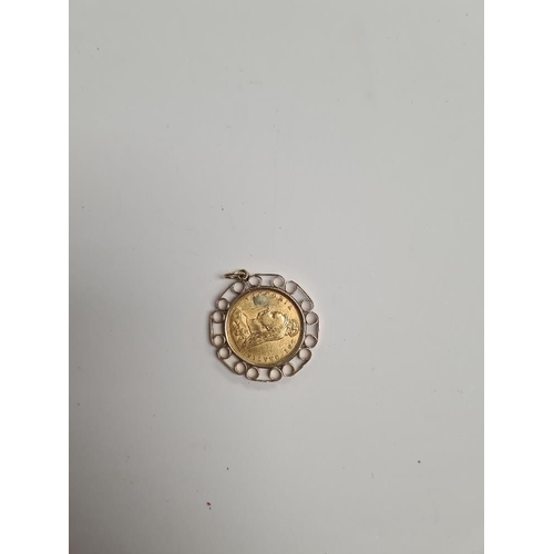 1093 - 22ct gold half sovereign dated 1892, Victoria Jubilee head, and shield back, in 9ct gold pendant mou... 