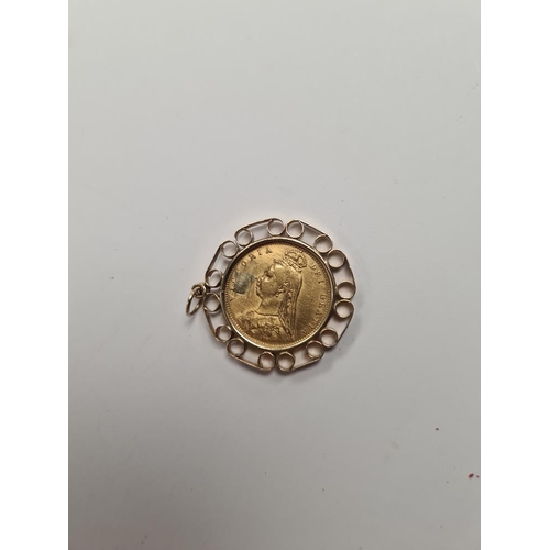 1093 - 22ct gold half sovereign dated 1892, Victoria Jubilee head, and shield back, in 9ct gold pendant mou... 