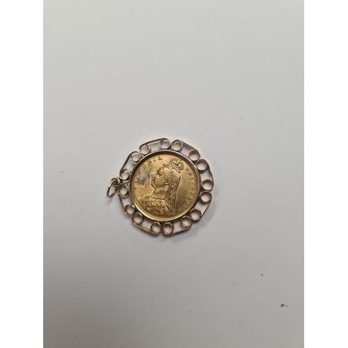 1093 - 22ct gold half sovereign dated 1892, Victoria Jubilee head, and shield back, in 9ct gold pendant mou... 