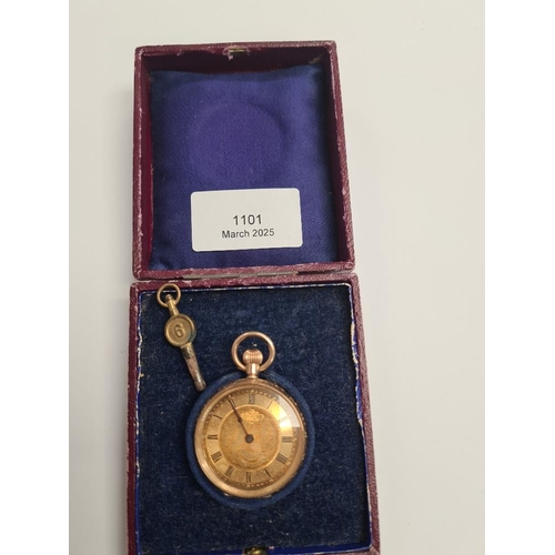 1101 - 14K yellow gold fob watch with circular gilt dial with Roman Numerals and floral decoration 'L'Excel... 