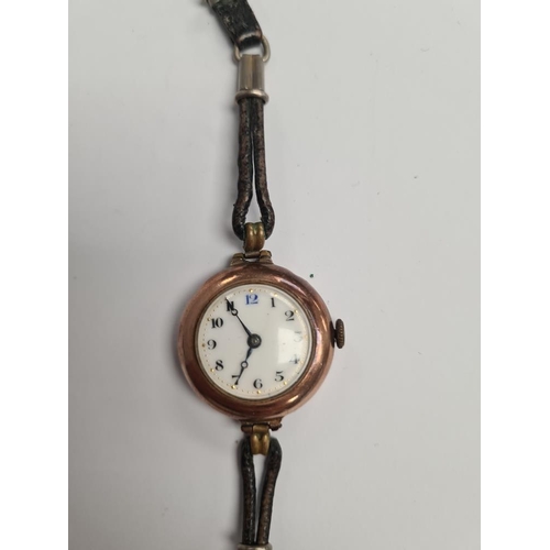 1108 - Antique yellow gold cased watch with white enamel dial, with numbers and dot markers, case does not ... 