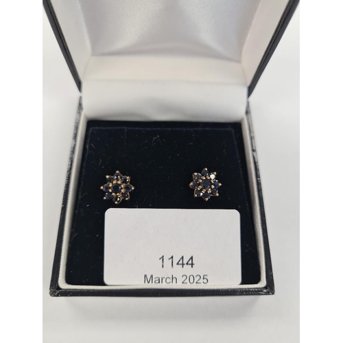 1144 - Pair of 9ct gold sapphire cluster earrings, marked 375, butterfly backs,  approx 1.7g 