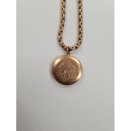 1162 - 9ct yellow gold belcher chain, unmarked, hung with a circular gold locket engraved with bird and flo... 