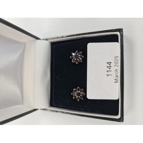 1144 - Pair of 9ct gold sapphire cluster earrings, marked 375, butterfly backs,  approx 1.7g 