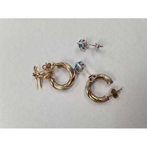 1157 - Pair of 9ct gold hoop earrings, marked 375, approx. 1cm, pair of 9ct white gold studs set with Trill... 