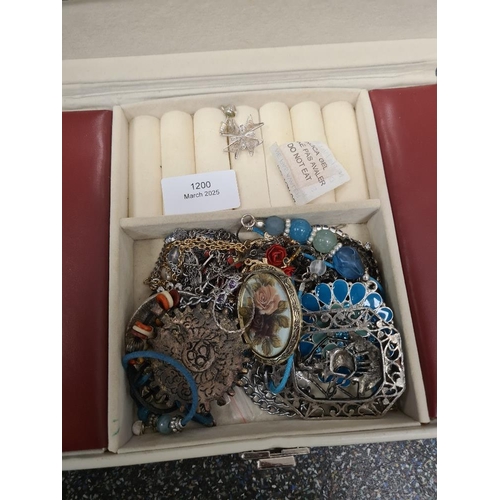 1200 - A jewellery box containing vintage costume jewellery and a box of bead necklaces