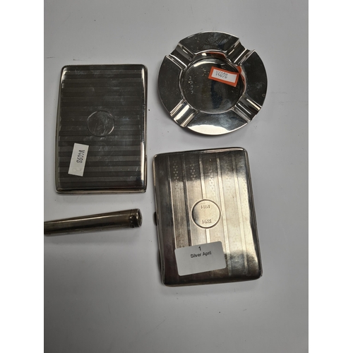 1 - Two silver cigarette cases of striped design, one having dated cartouche, the other, vacant. Also wi... 