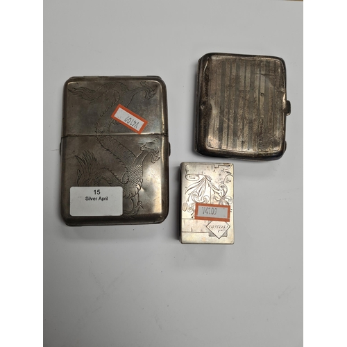 15 - A cigarette case having gilt interior and engraved with a dragon on the exterior, marked AH800 insid... 