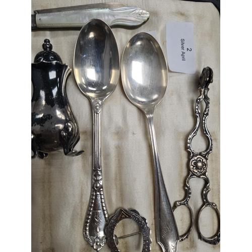 2 - A cased set of silver handled knives by Harrison Fisher and Co. Also with a brooch, on silver and Mo... 