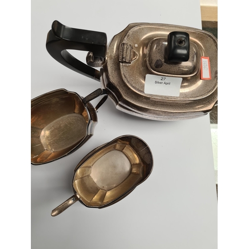 27 - A silver tea service hallmarked Chester 1929. S Blanckensee and Son Ltd. Comprising teapot, creamer ... 