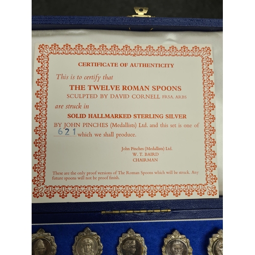 34 - John Pinches, The Roman Spoons. A set of twelve cased silver spoons, hallmarked London 1971. 8.82ozt... 