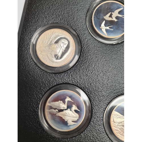 35 - John Pinches, Peter Scott's British Birds, Seven trays of five medals of birds, with the cards with ... 