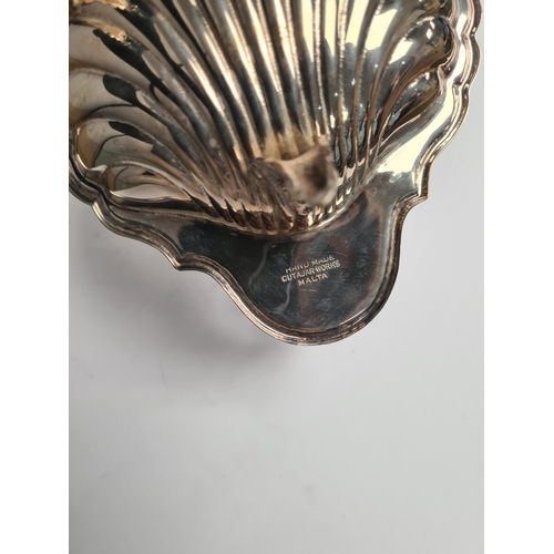45 - A white metal Handmade Cutajar Works Malta shell dish having ornate fish detail decoration. Ornate f... 