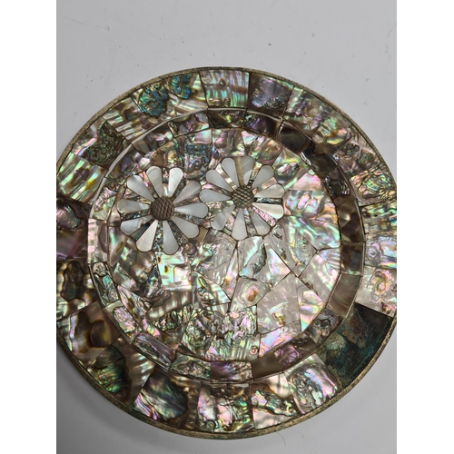 50 - A plated Mexican plate by Los Castillo, Taxco. Having pretty Mother of Pearl and Abaloney details. A... 
