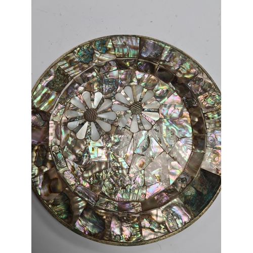 50 - A plated Mexican plate by Los Castillo, Taxco. Having pretty Mother of Pearl and Abaloney details. A... 