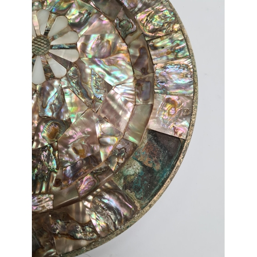 50 - A plated Mexican plate by Los Castillo, Taxco. Having pretty Mother of Pearl and Abaloney details. A... 