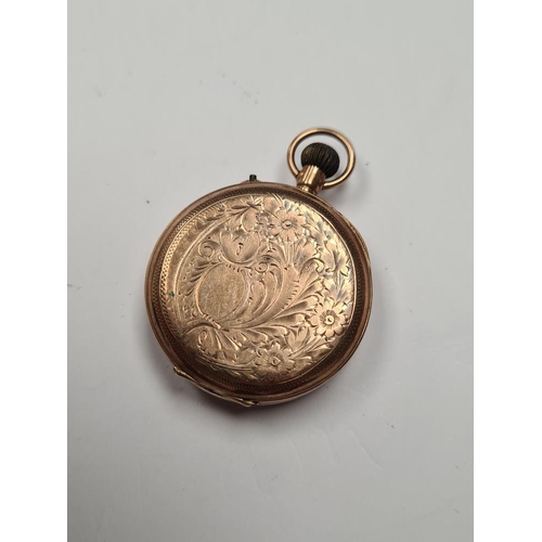 1095 - 9ct gold cased fob watch, with white enamel watch with roman numerals and gilt decoration, with 9ct ... 