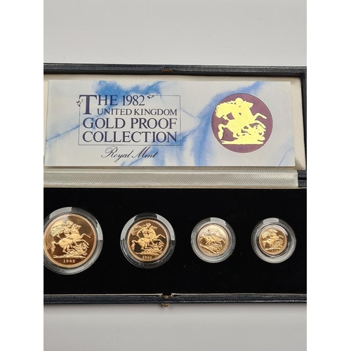 1114 - Royal Mint; 'The 1982 United Kingdom Gold Proof Collection' containing a 22ct gold £5, £2, Sovereign... 