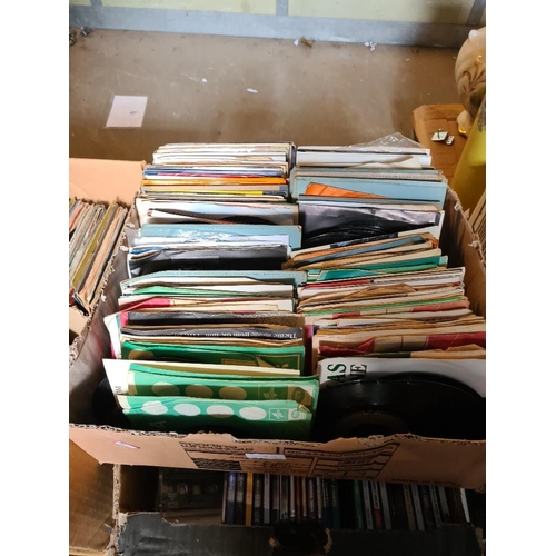 59 - Quantity of 7 inch vinyl singles in two boxes and one other tray of CDs