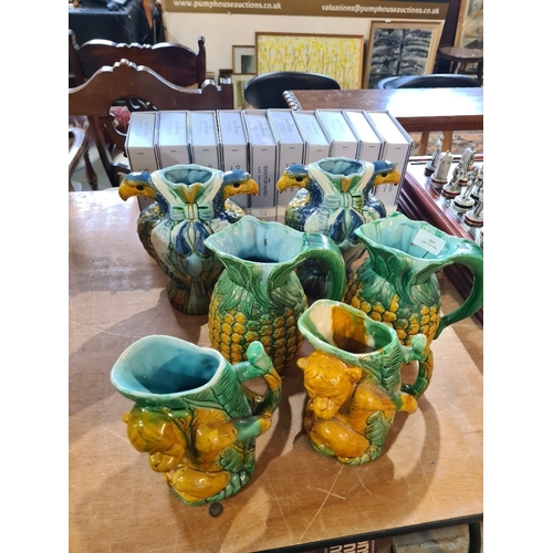 Modern Majolica vases and jugs, three pairs