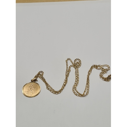 9ct yellow gold neckchain hung with a 9ct gold St Christopher, marked 375, 4g