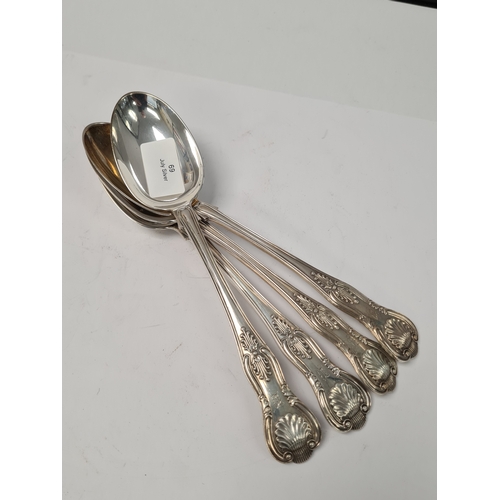 Four silver serving spoons hallmarked London 1900, Josiah Williams and Co. Embossed details. Condition report: no obvious damage seen. 13.57ozt approx