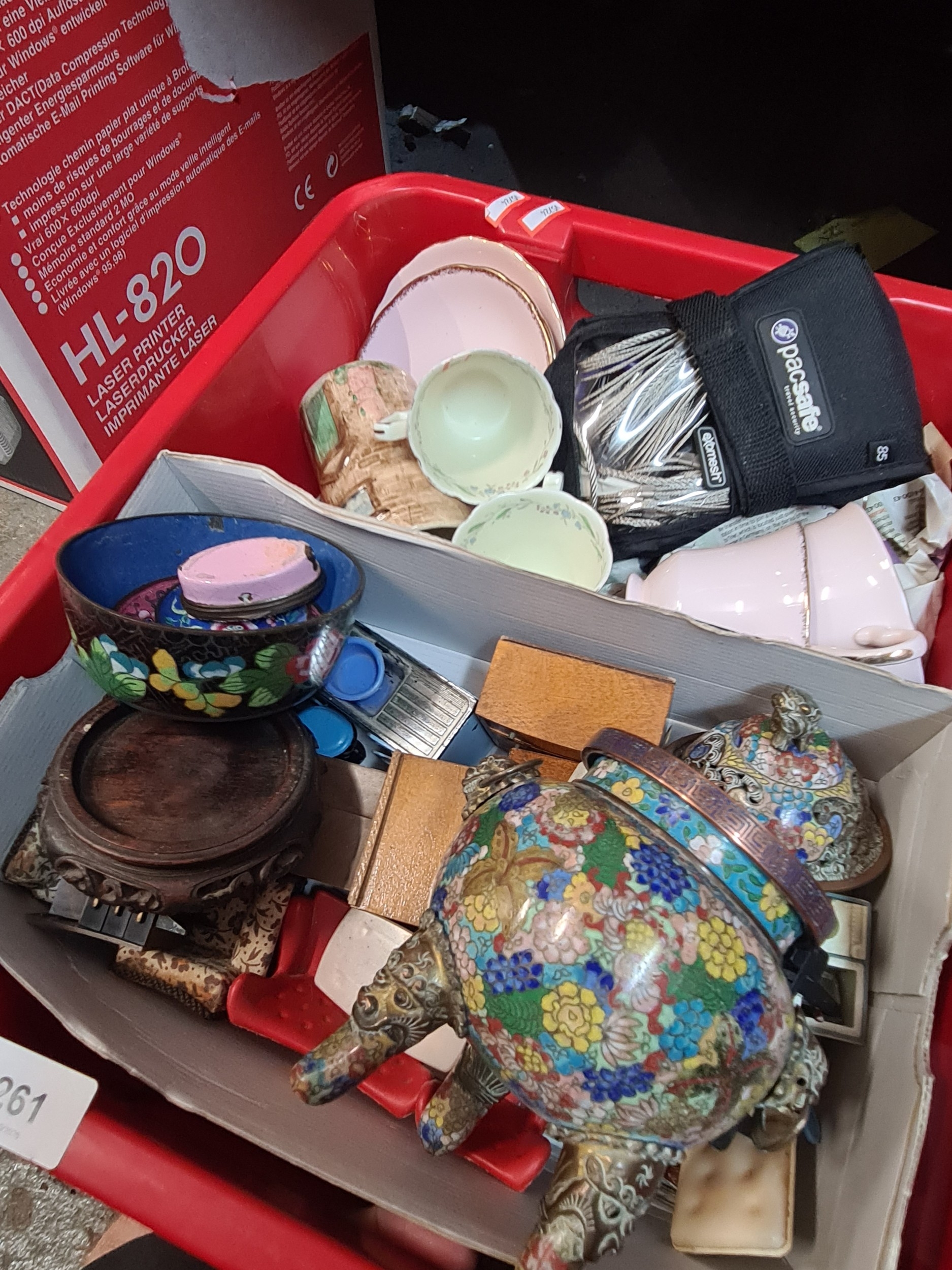 A box of sundry including a Cloisonné pot pourri