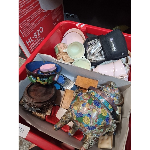 A box of sundry including a Cloisonné pot pourri