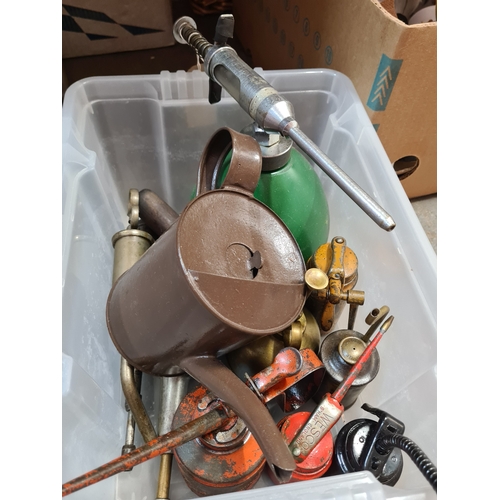 A small container of vintage oil cans and similar to include Redex ...