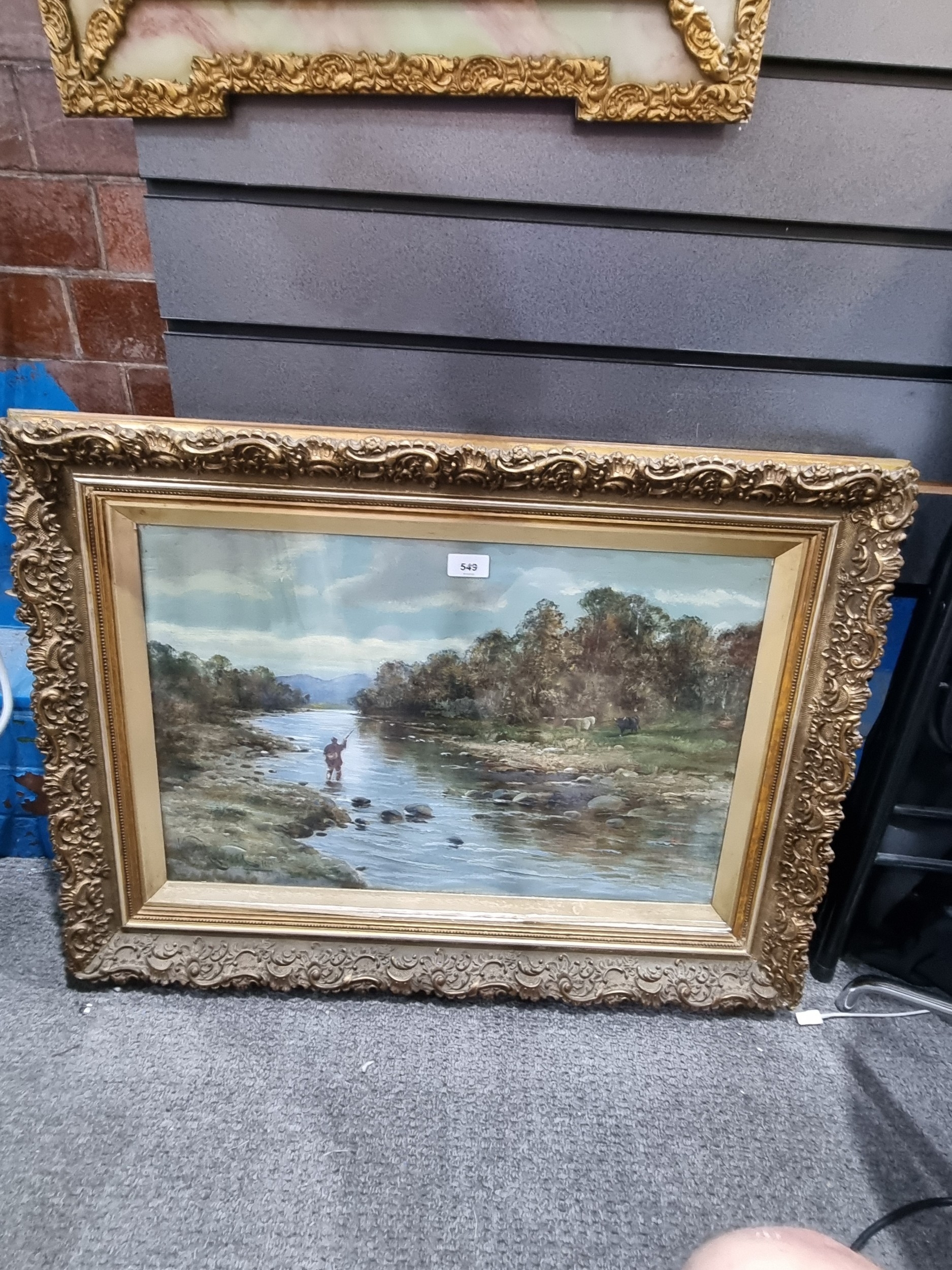 An antique oil of fisherman in rocky river with cattle, dated 1900 by J ...