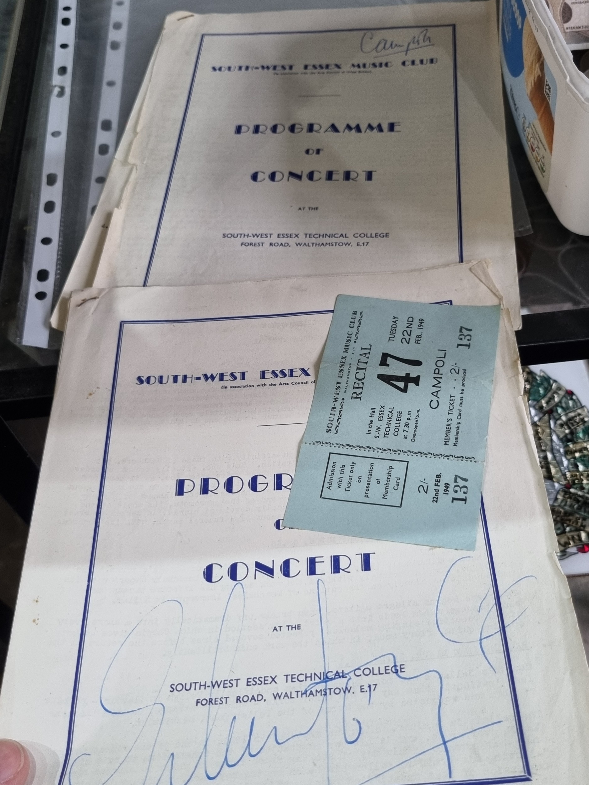 Two vintage music club programs both dated 1949, one is signed by ...