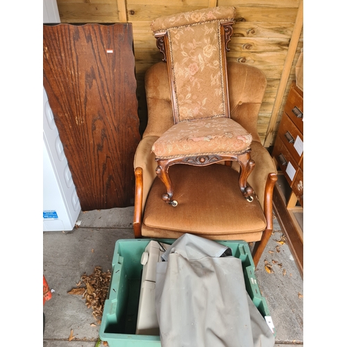 A Victorian prayer chair, typewriters and sundry.